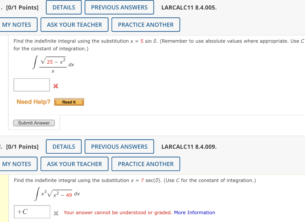LARCALC11 8.4.005. MY NOTES ASK YOUR TEACHER PRACTICE ANOTHER Find the indefinite