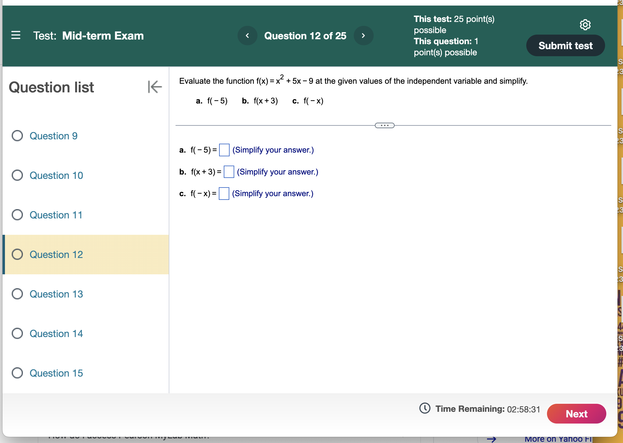 test: 25 point(s) = Test: Mid-term Exam Find the midpoint of the
