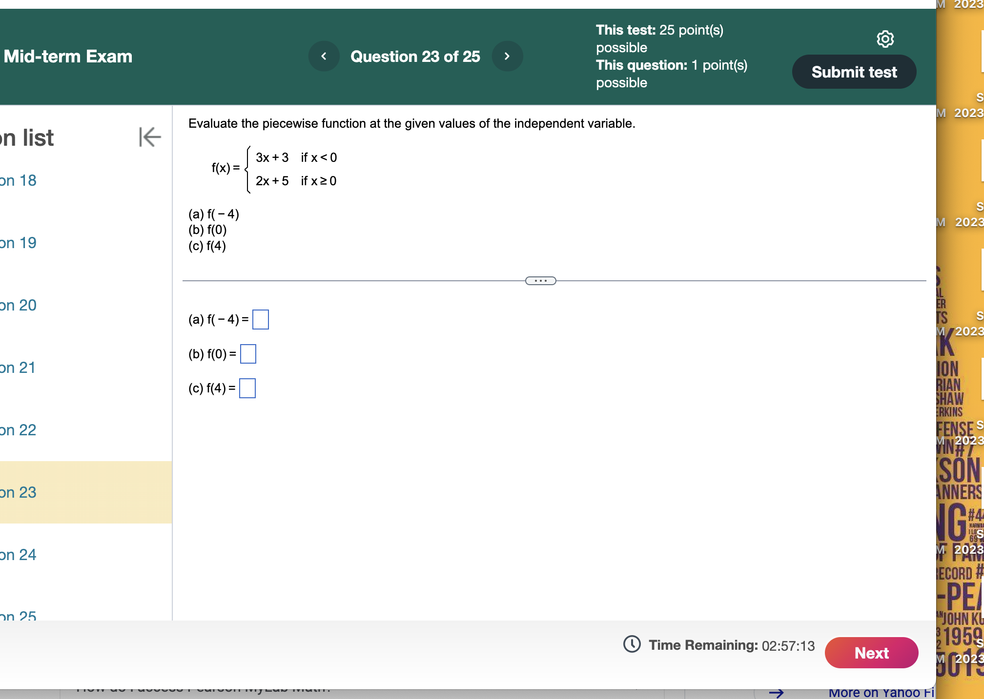 question: 1 Submit test pomt(s) pOSSIble Evaluate the function f(x) = x2