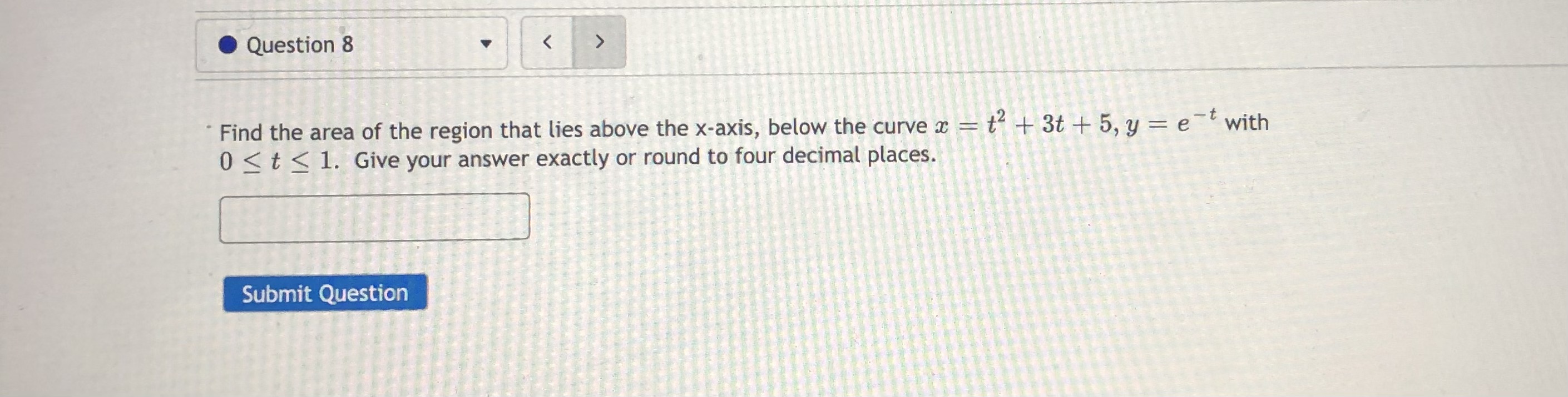 the curve x = t + 3t + 5, y = e-