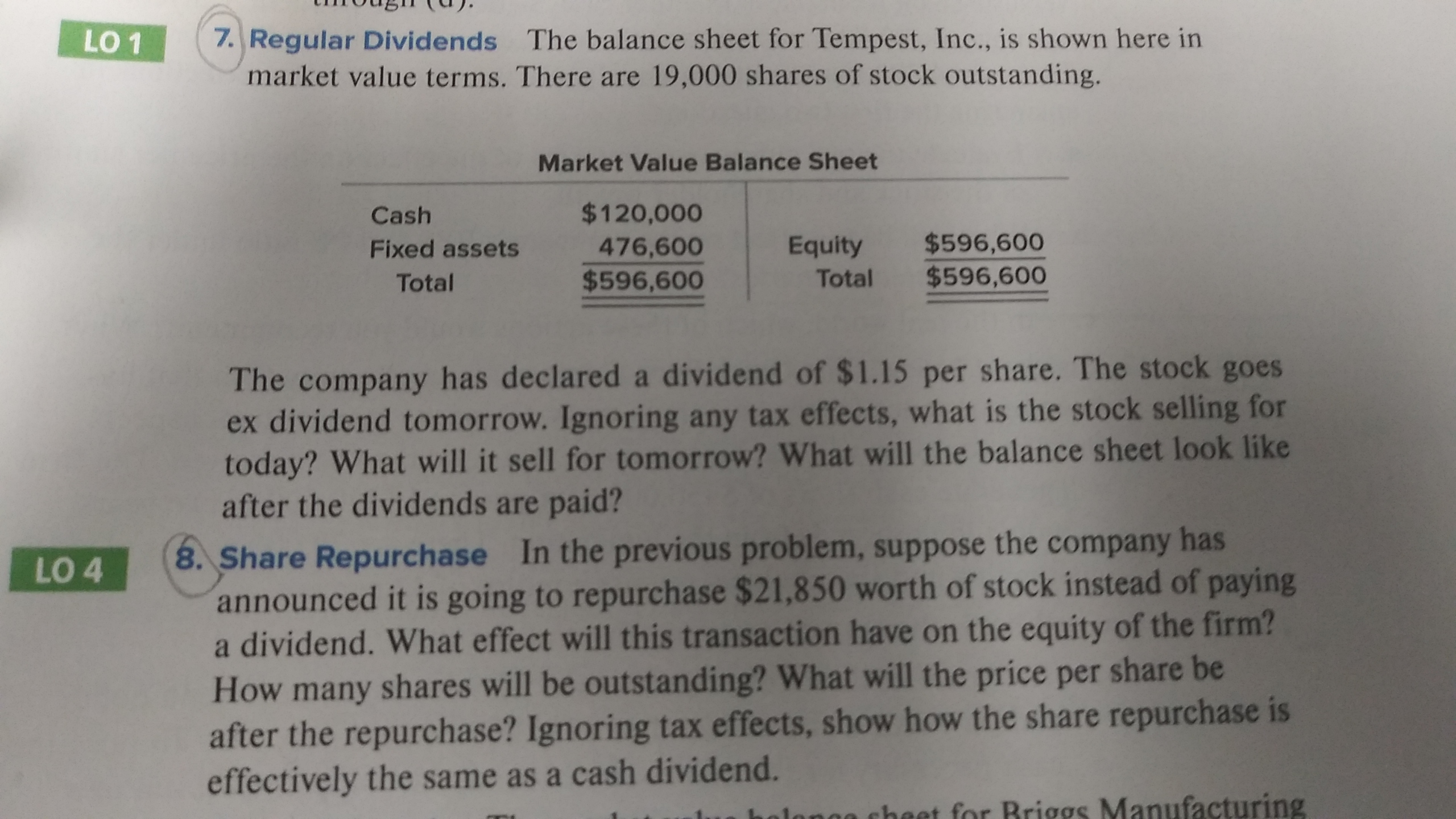 7. Regular Dividends The balance sheet for Tempest, Inc., is shown here