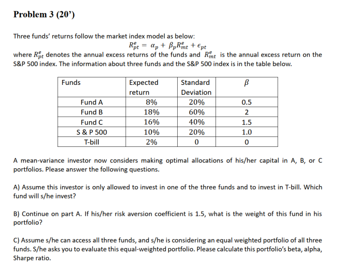 The question is attached. Problem 3 (20') Three funds' returns follow
