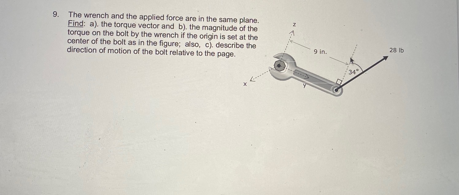 the tension T in each cable. T9. The wrench and the applied