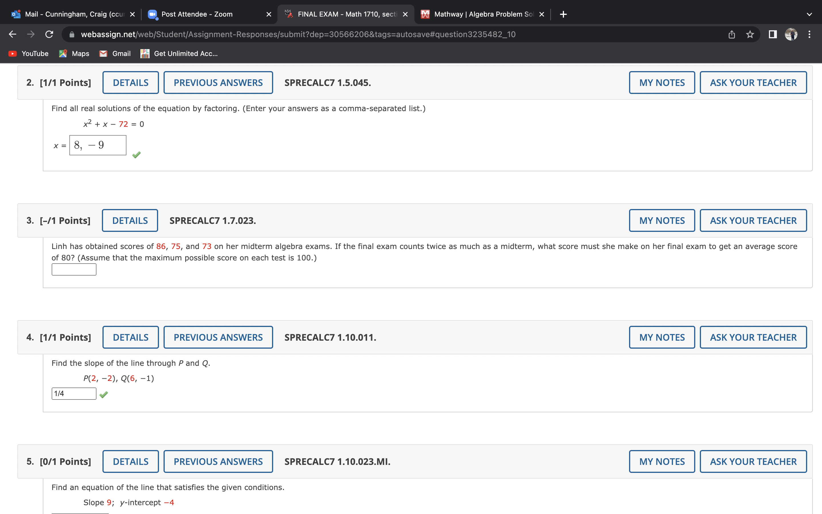 '3 FINAL EXAM - Math 1710, set X N Mathway | Algebra