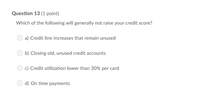 the following will generally not raise your credit score? a} Credit line