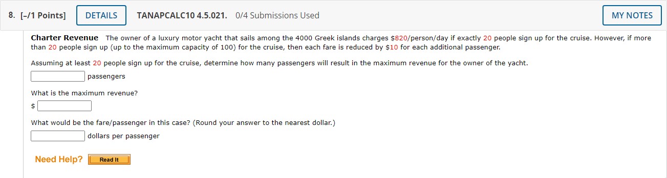 the least amount Need Help? 7. [0.5/1 Points] DETAILS PREVIOUS ANSWERS TANAPCALC10