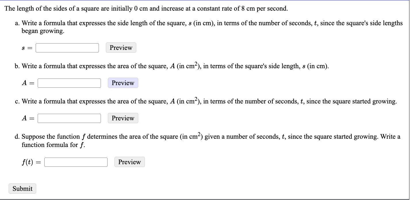 seconds, t, since the square's side lengths began growing. S Preview b.