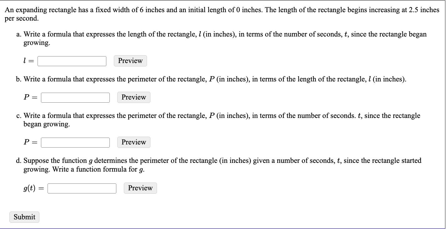 Write a formula that expresses the area of the square, A (in