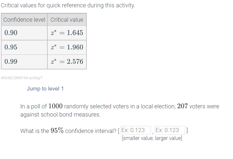  Critical values for quick reference during this activity. Condence level Critical
