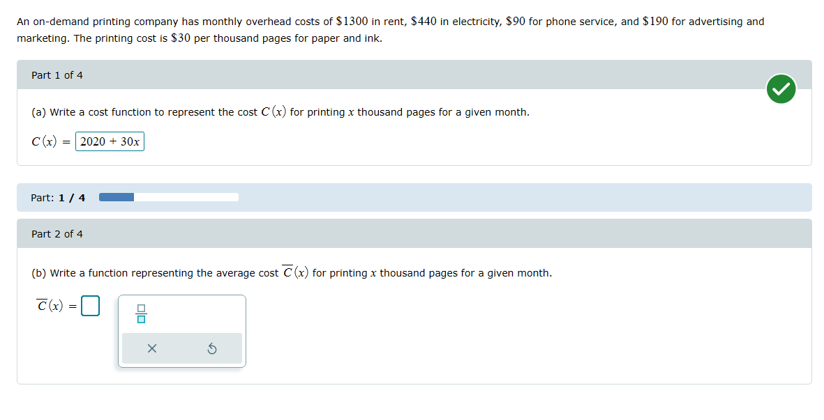 printing company has monthly overhead costs of $1300 in rent, $440 in