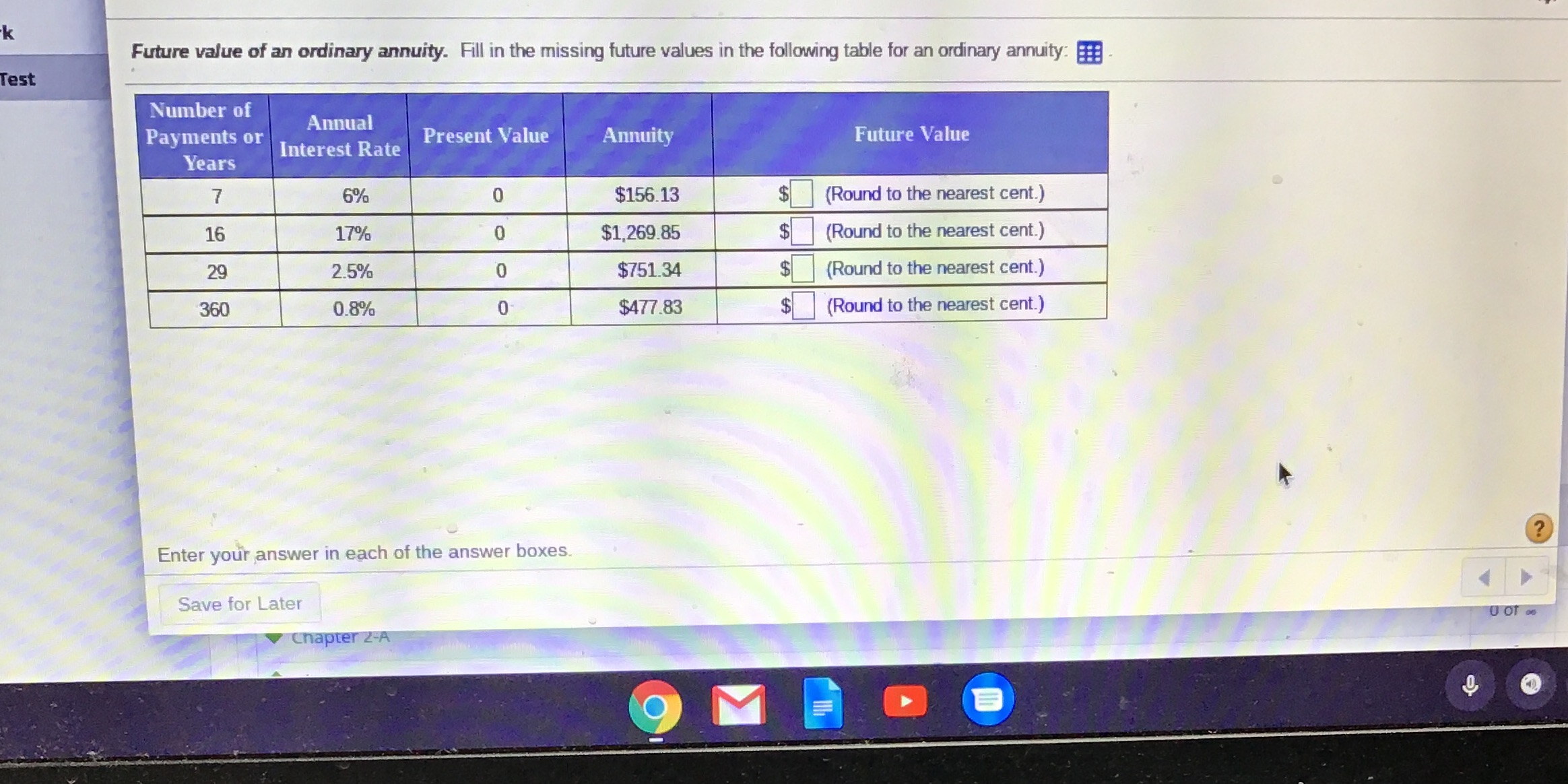 an ordinary annuity. Fill in the missing future values in the following
