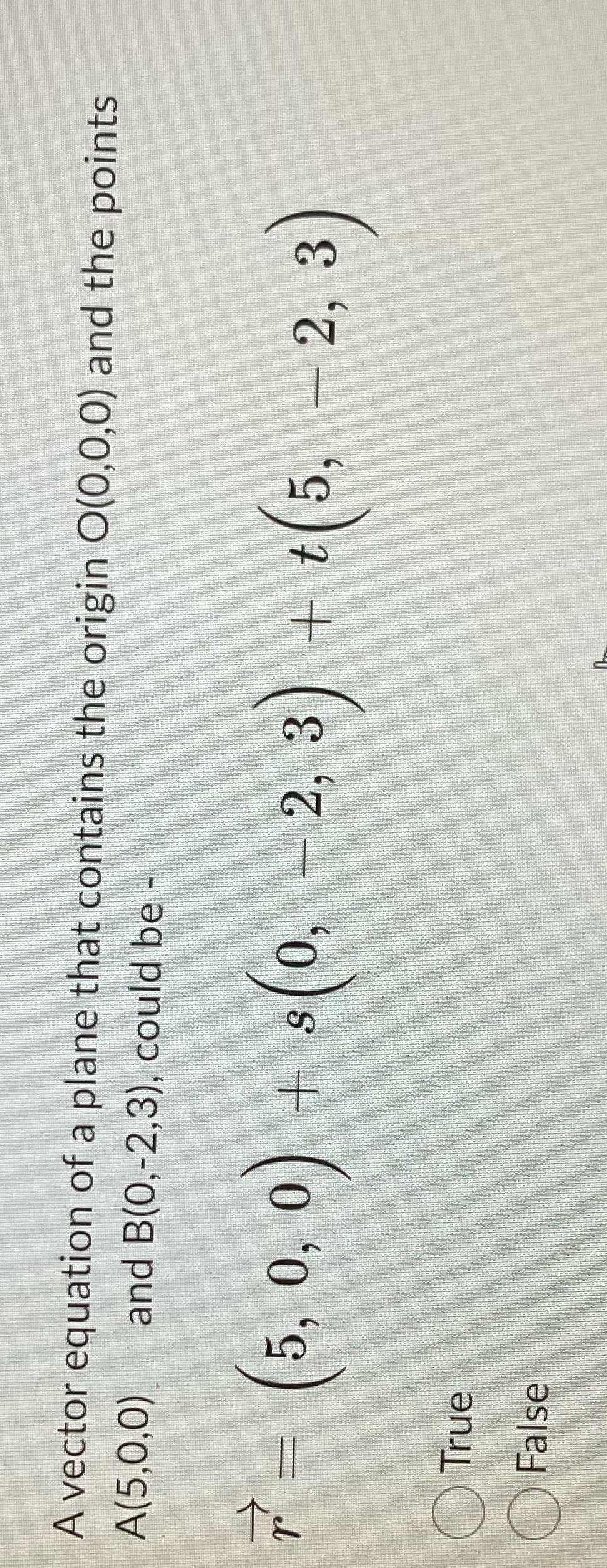 of a plane that contains the origin O(0,0,0) and the points A(5,0,0)