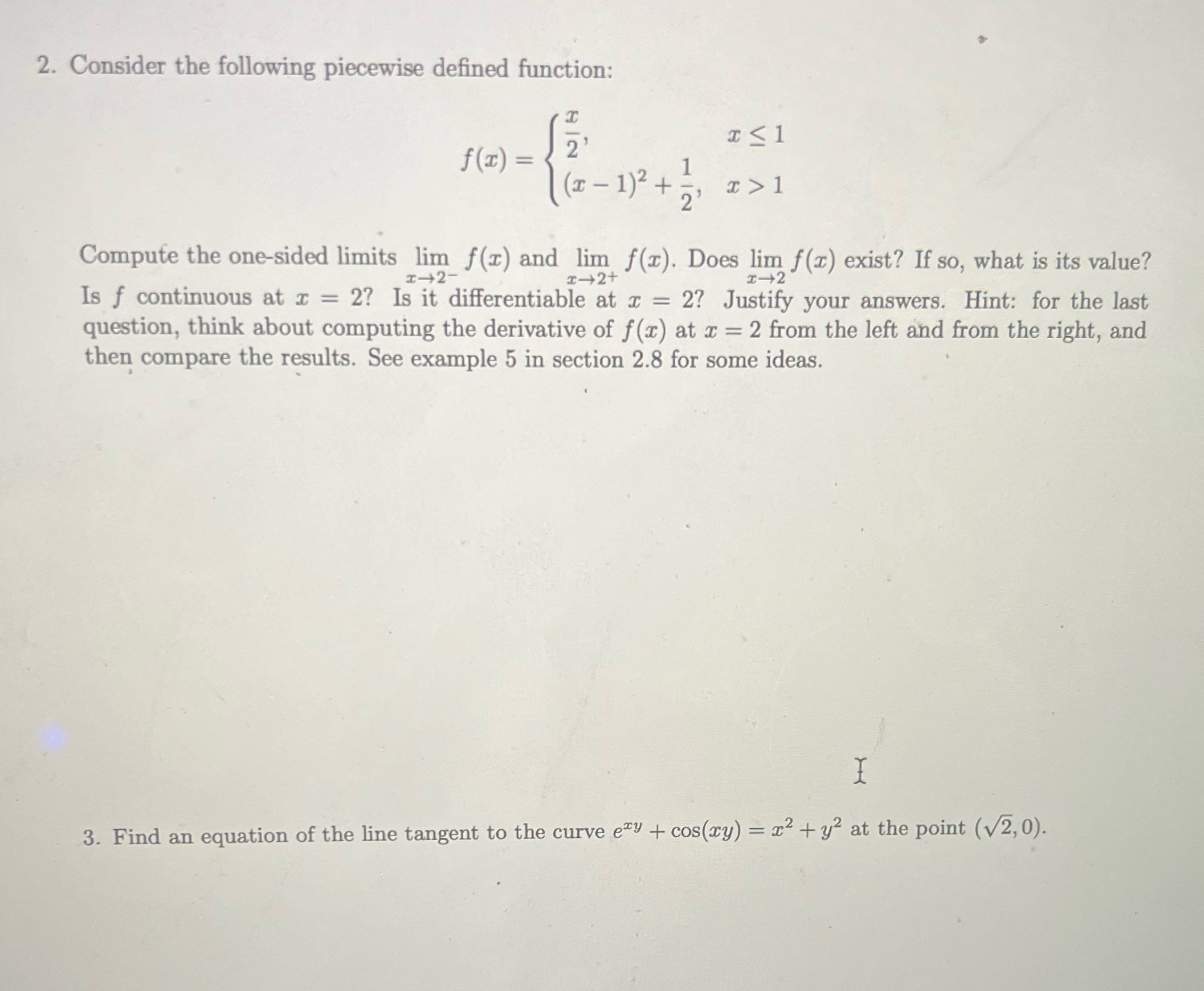  2. Consider the following piecewise defined function: 2 ' c 1
