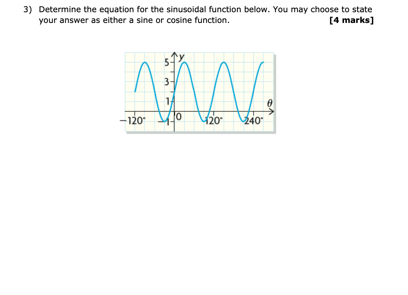 marks] 3) Determine the equation for the sinusoidal function below. You may