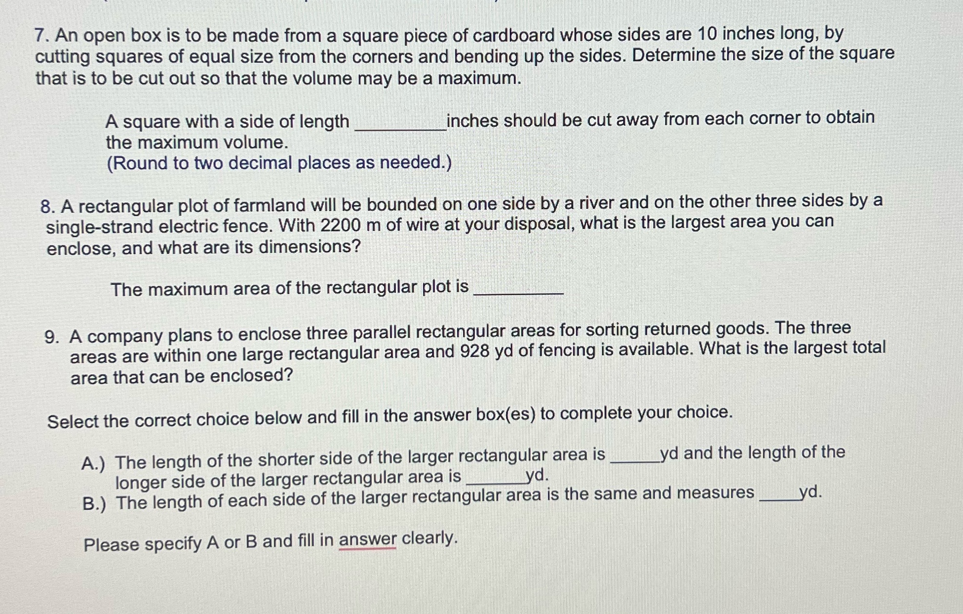 minimums 7. An open box is to be made from a square