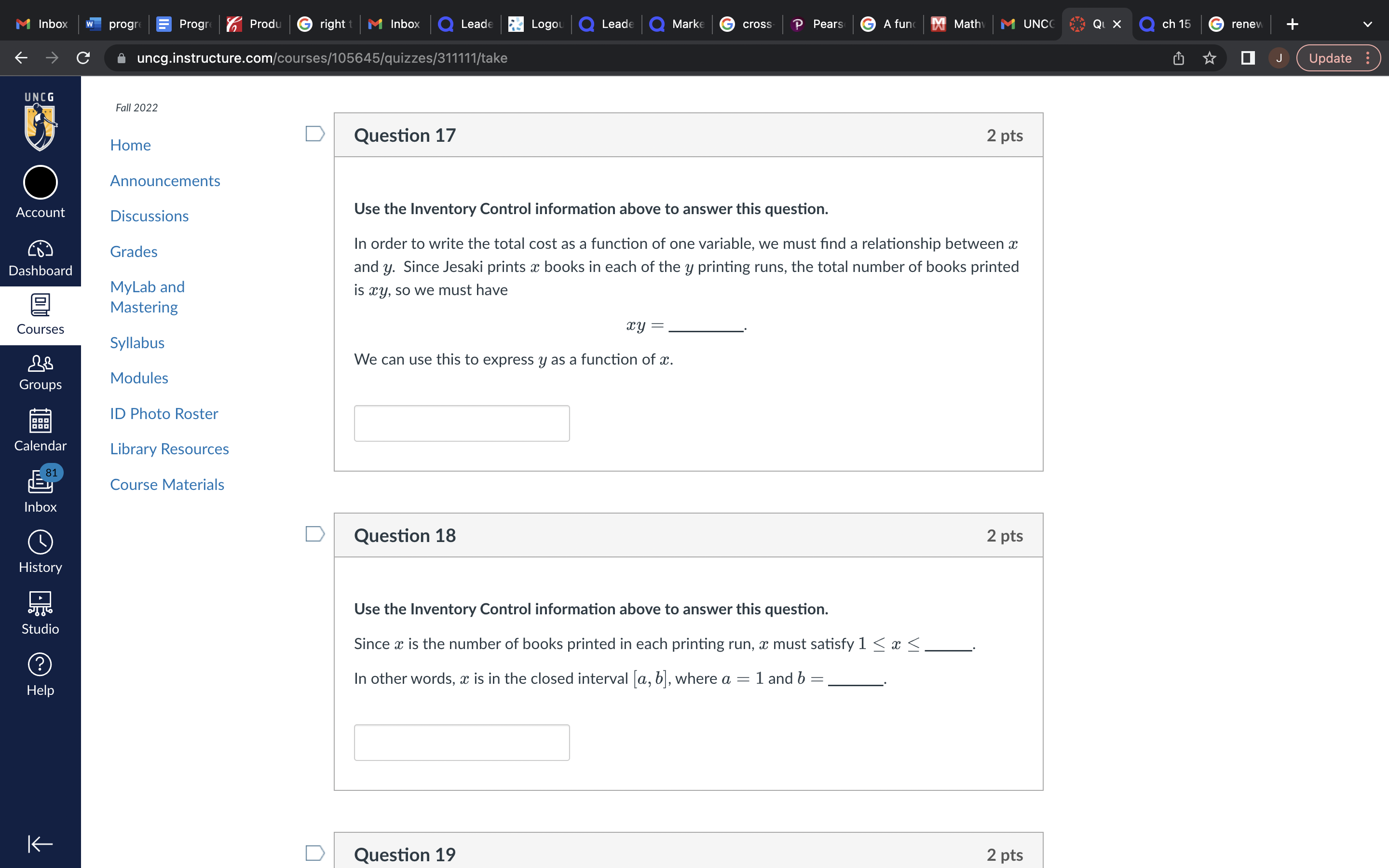 X Q ch 15 Grenev C uncg.instructure.com/courses/105645/quizzes/311111/take Update : UNCC Fall 2022