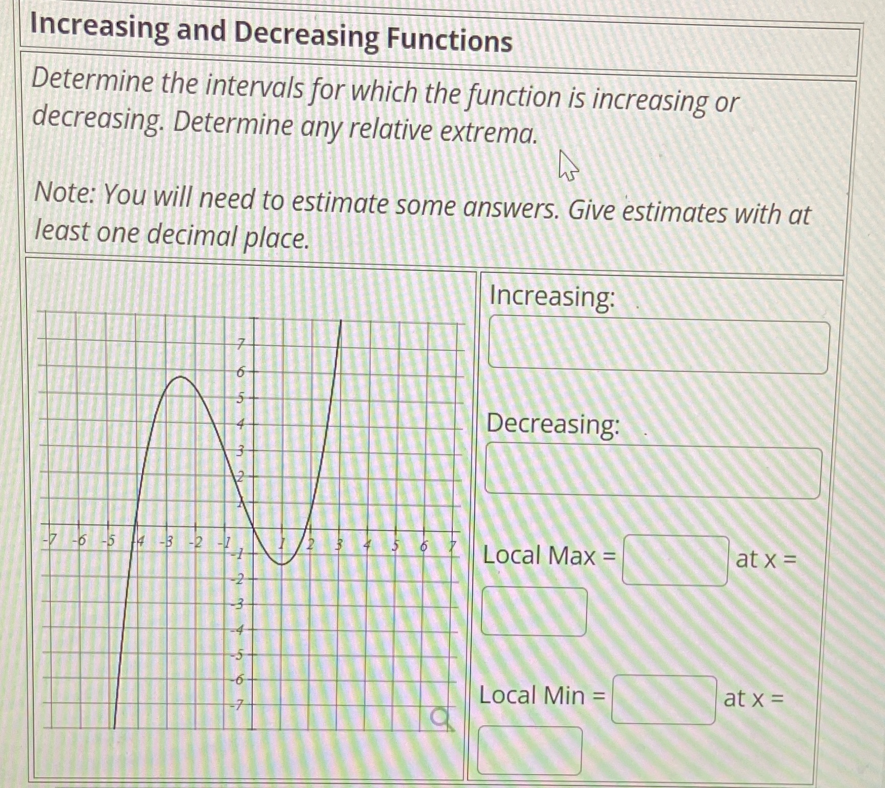 is increasing or decreasing. Determine any relative extrema. Note: You will need