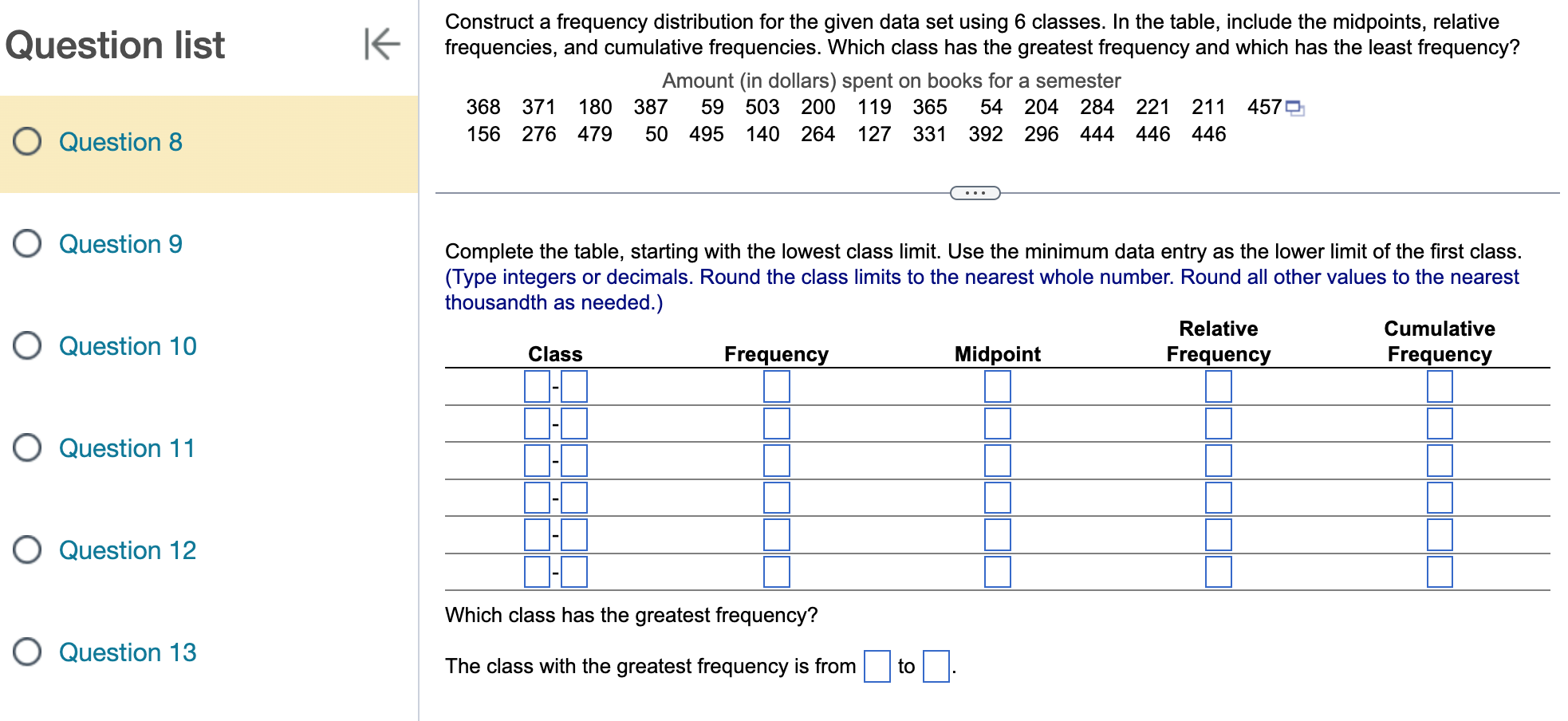 and cumulative frequencies. Which class has the greatest frequency and which has