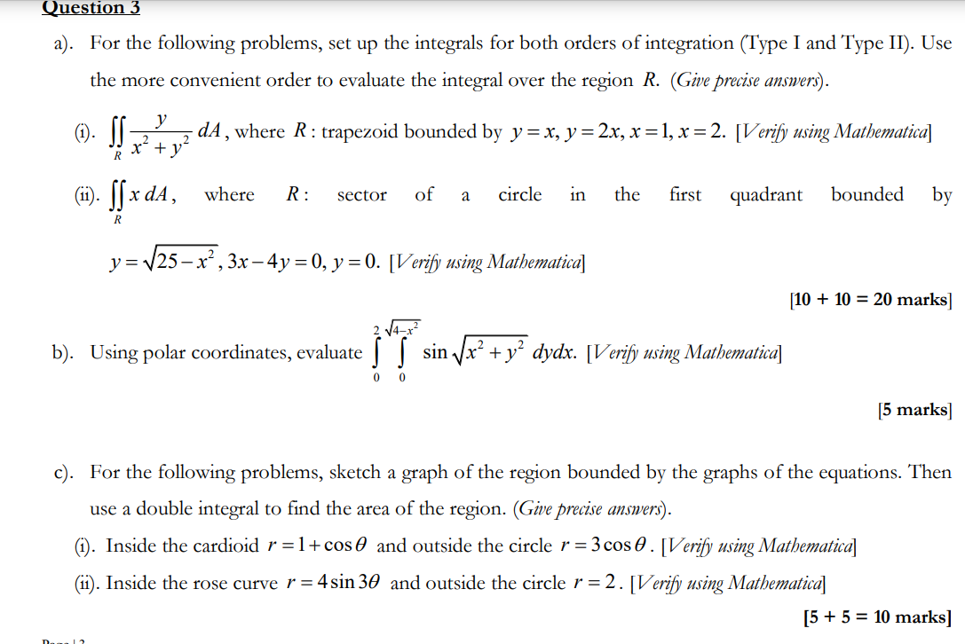  Question 3 a). For the following problems, set up the integrals