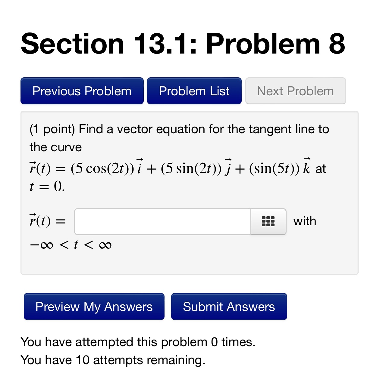 point) Find a vector equation for the tangent line to the curve