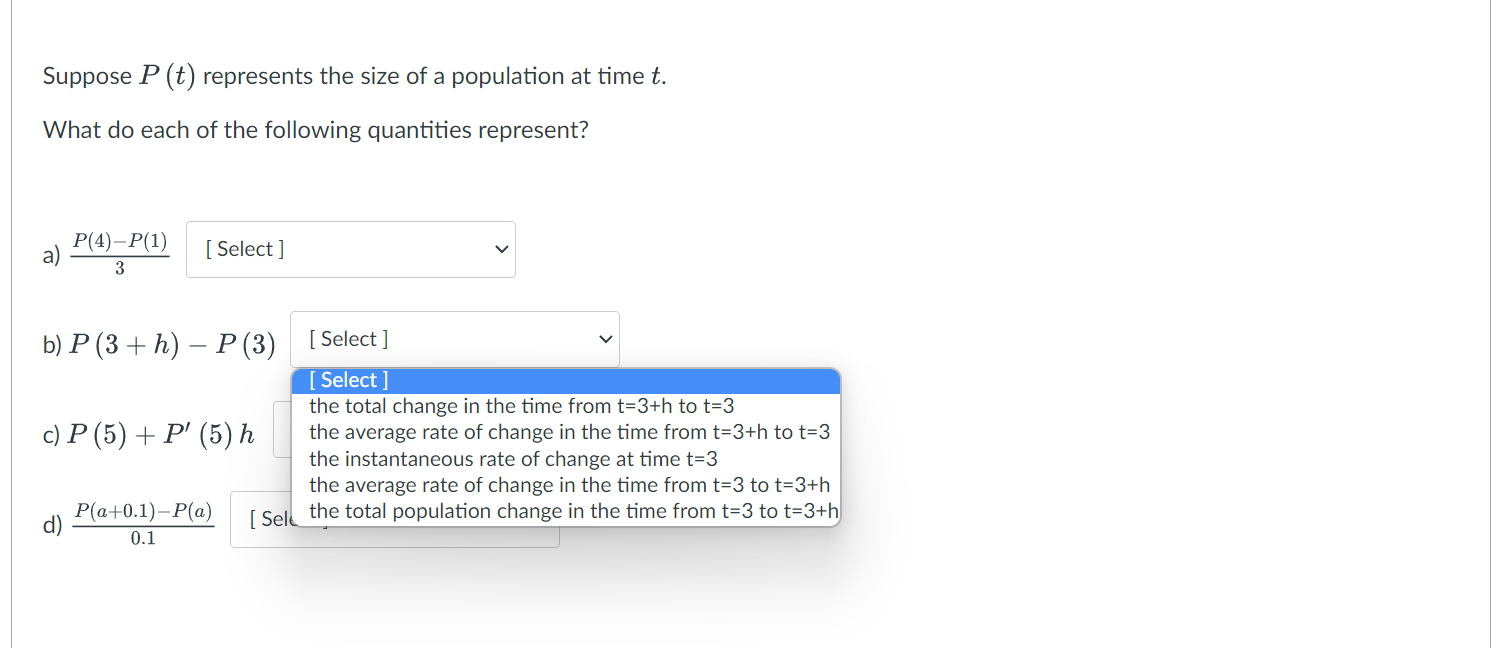 the instantaneous rate of change in population at time t=4 the instantaneous