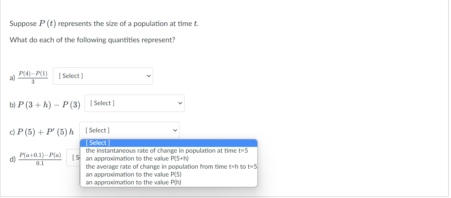 rate of change in population at time t=1 the average rate of