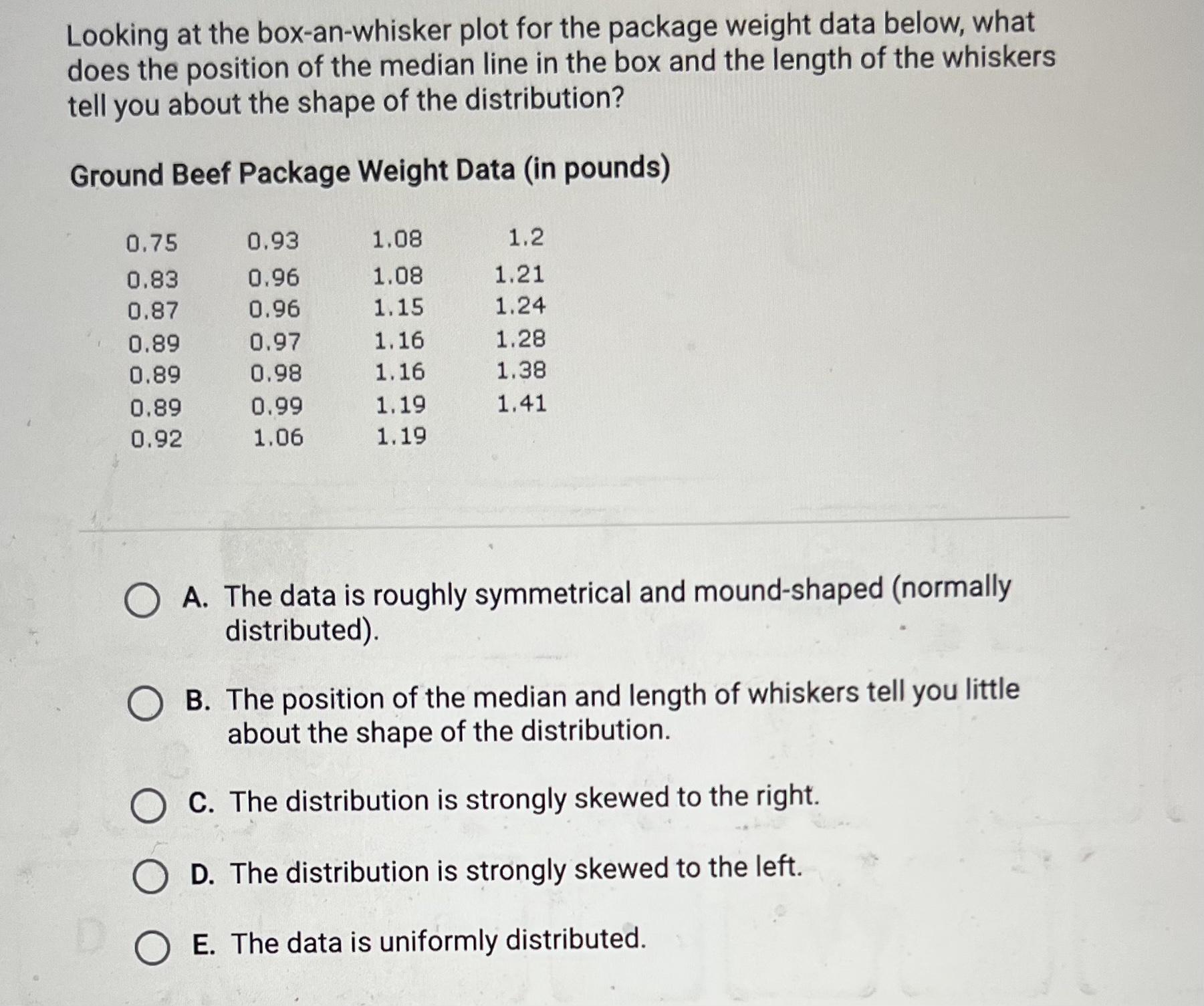  Looking at the box-an-whisker plot for the package weight data below,