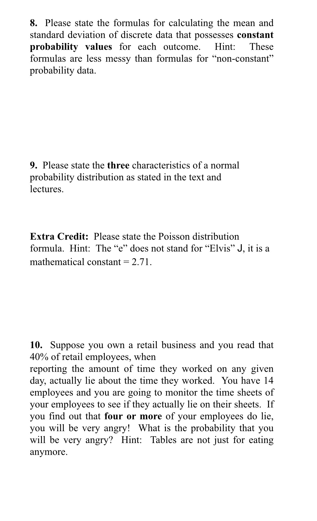 for calculating the mean and standard deviation of discrete data that possesses