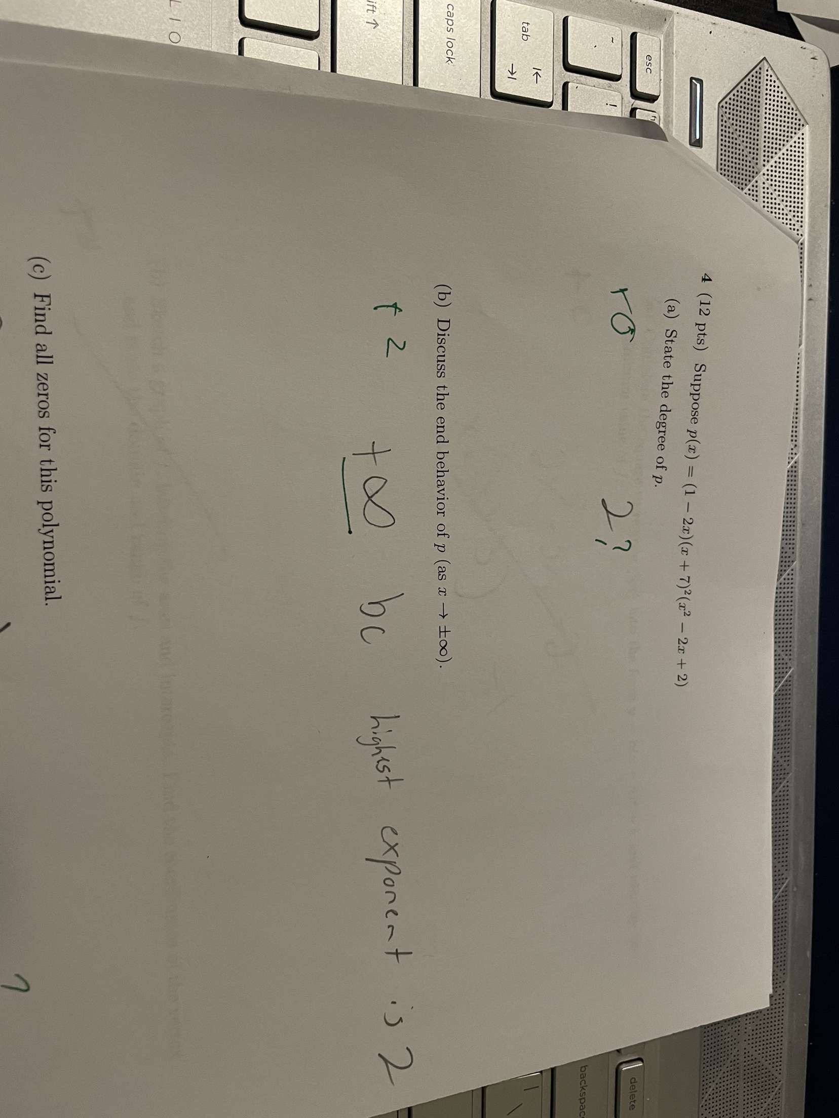 2) (a) State the degree of p. esc delete backspa tab caps