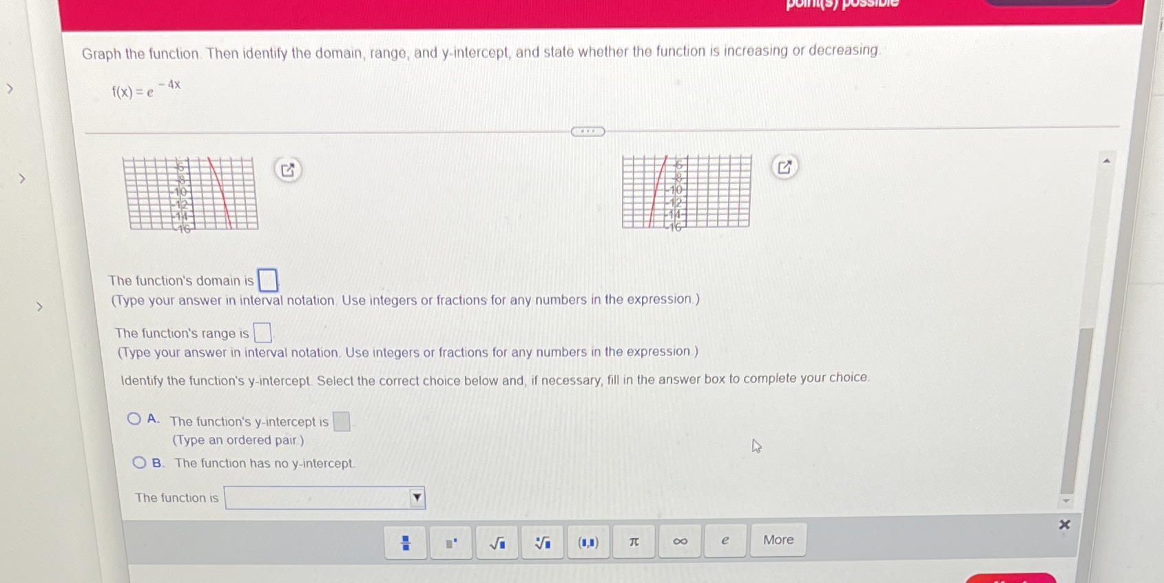  Graph the function. Then identify the domain, range, and y-intercept, and