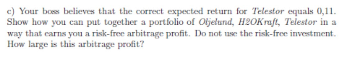 c) Your boss believes that the correct expected return for Telestor