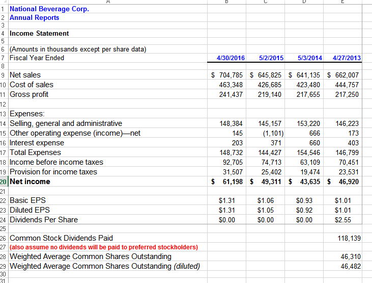 step or in excel 1 National Beverage Corp. 2 Annual Reports Income
