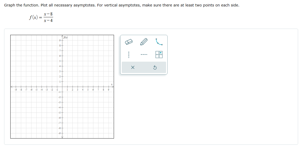 y = 1 Vertical asymptote: x = 2 y-intercept: x-intercept: (3, 0)
