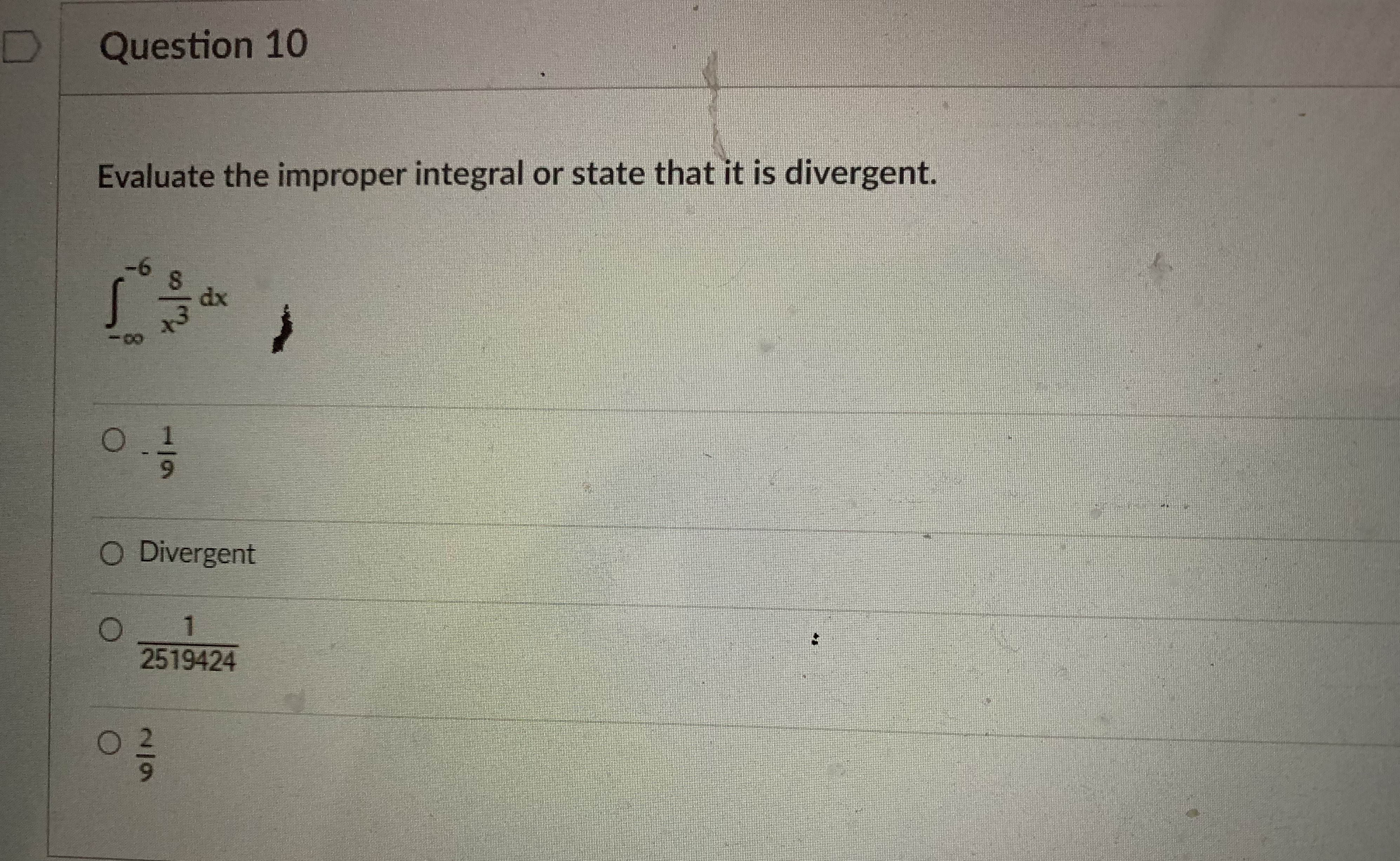 is divergent. co dx - Do O Divergent O 2519424 O