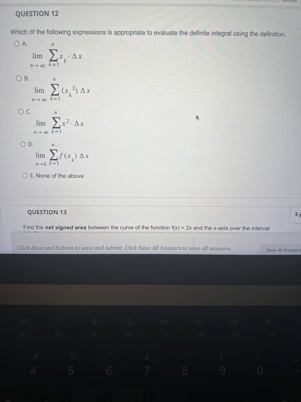 to evaluate the definite integral using the definition. O A. lim Ex,