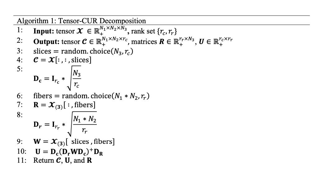  CUR Decomposition (Algorithm 1) consists in generating a low-rank approximation based