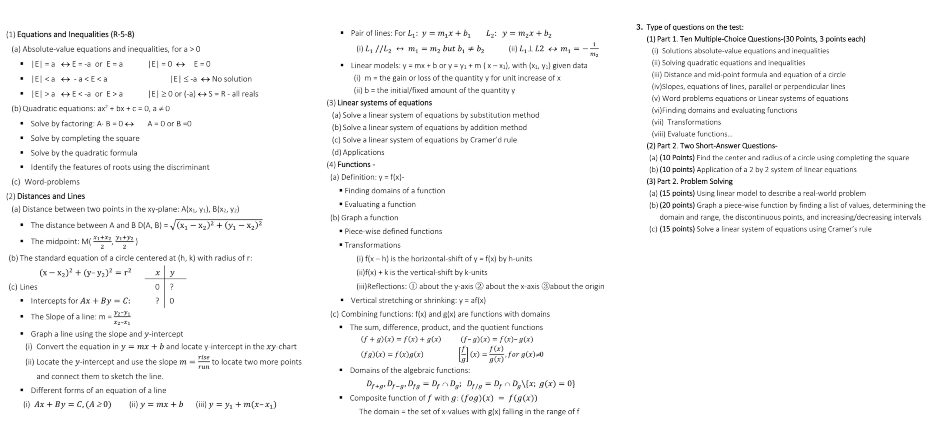questions on the test: (1) Equations and Inequalities (R-5-8) . Pair of
