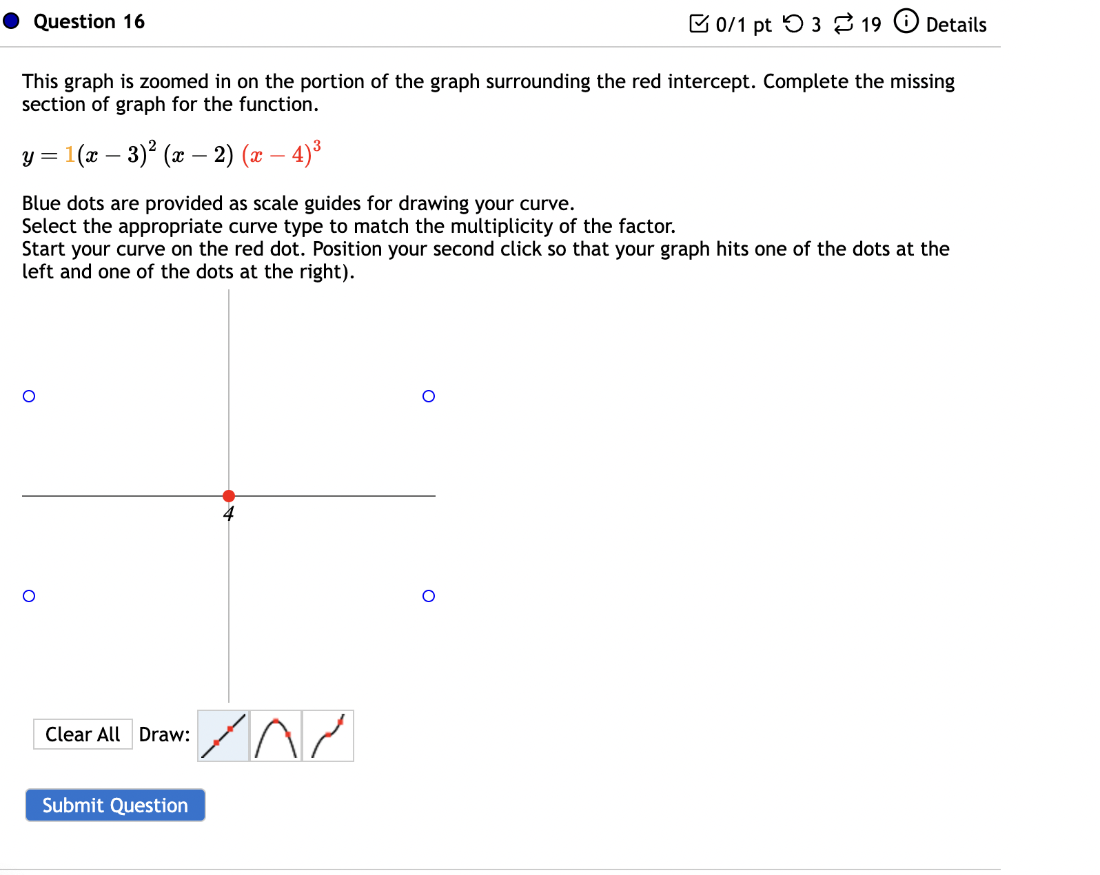graph surrounding the red intercept. Complete the missing section of graph for