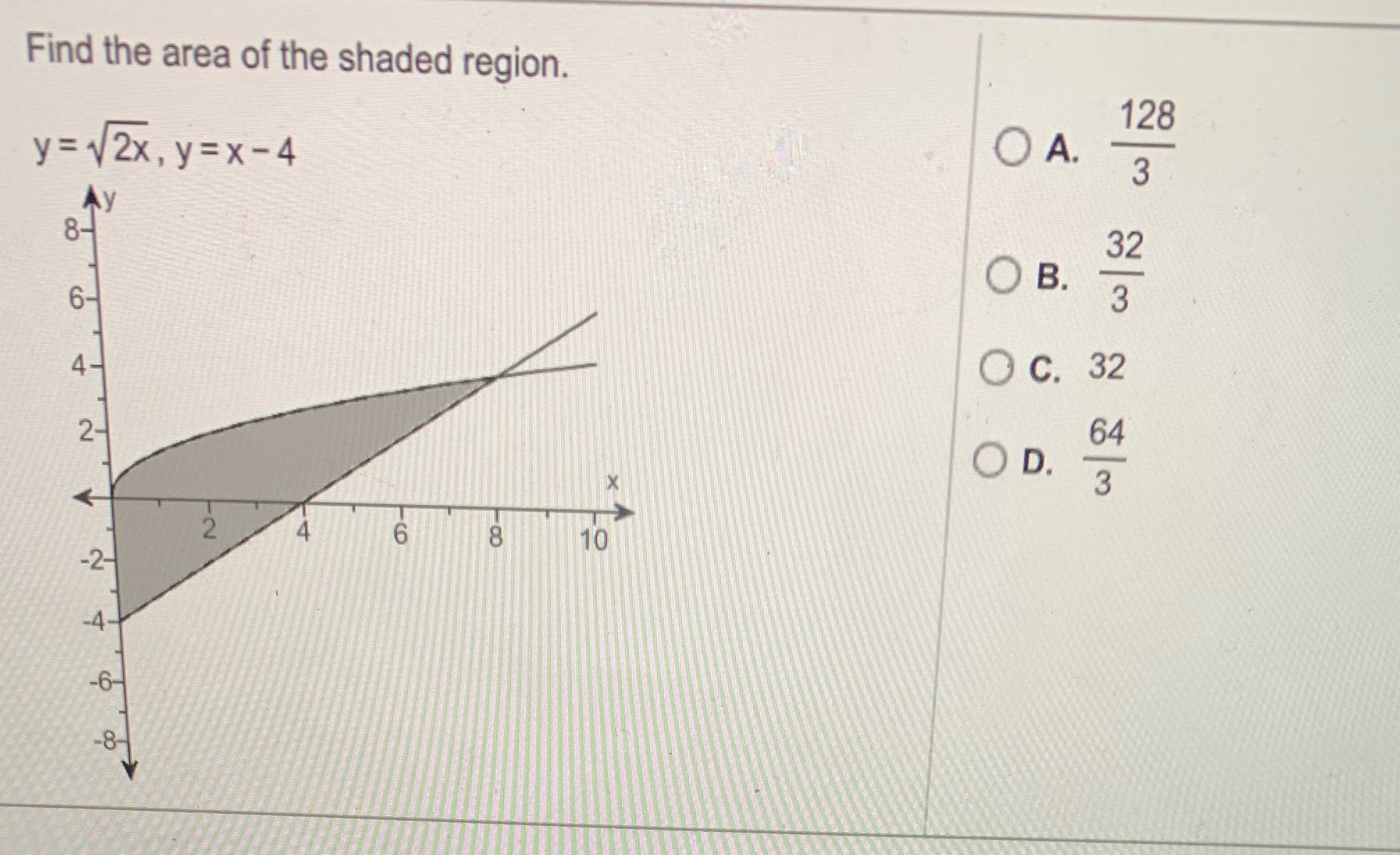 Find the area of the shaded region. 128 32 o c. 32