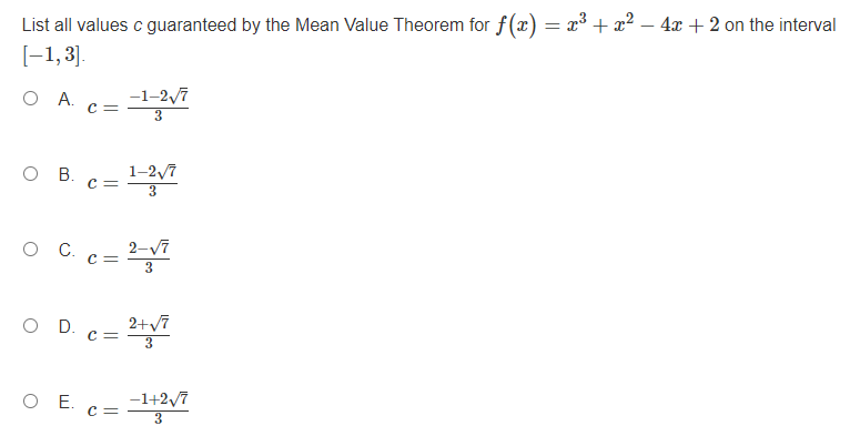  List all values c guaranteed by the Mean Value Theorem for