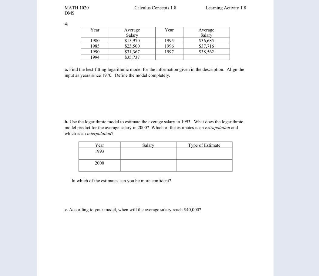  MATH 1020 Calculus Concepts 1.8 Learning Activity 1.8 DMS 4. Year