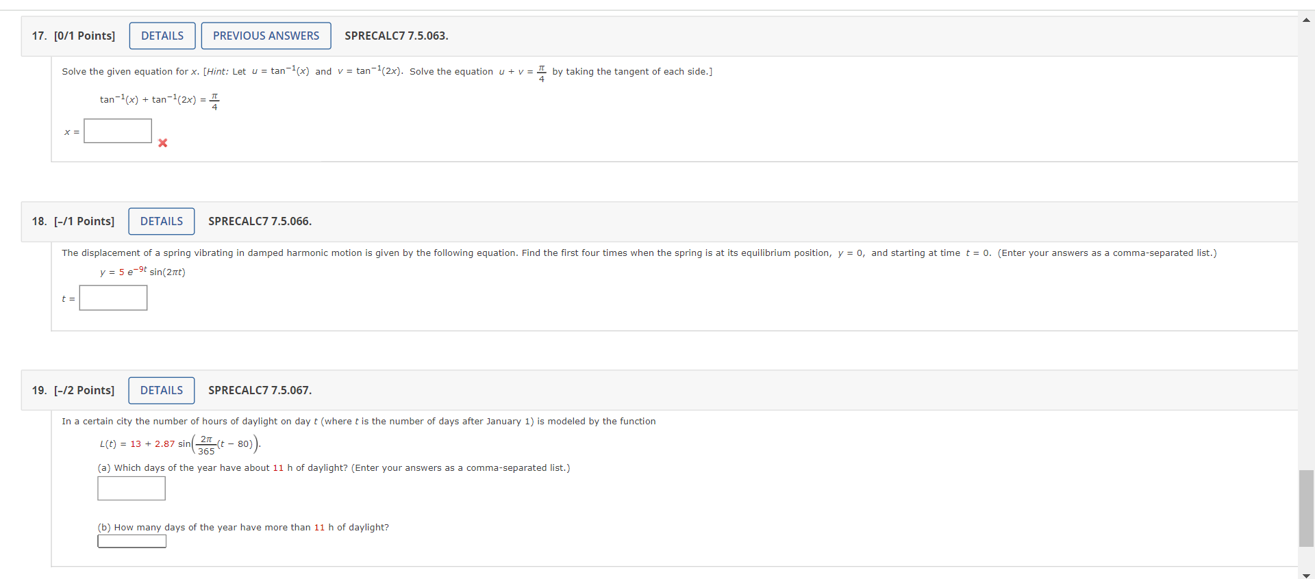 0 : X 8. [1/2 Points] DETAILS PREVIOUS ANSWERS SPRECALC7 7.5.024. An