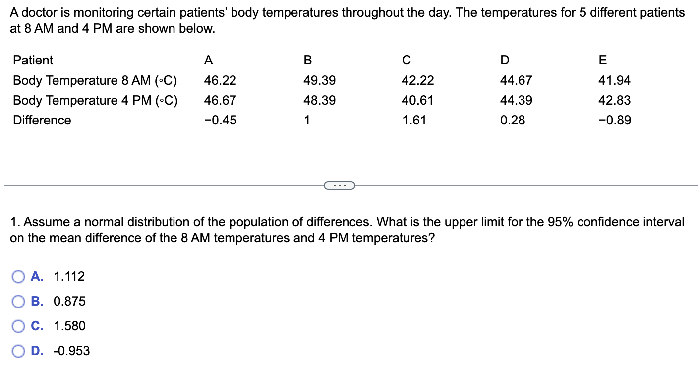PM are shown below. Patient A B C D E Body Temperature