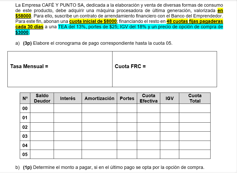 cuotas mensuales (cada 30 dias), adems del pago de un seguro de