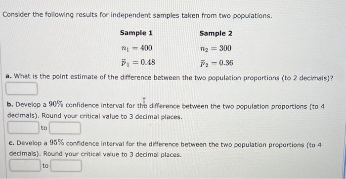 Ty-ped answer only. Consider the following results for independent samples taken from