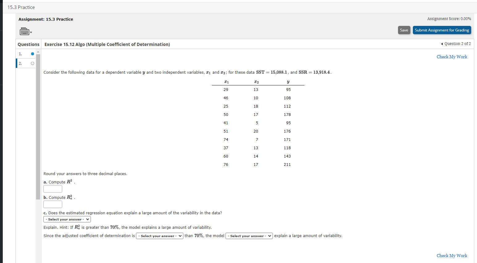 for Grading Questions Exercise 15.12 Algo (Multiple Coefficient of Determination) Question 2
