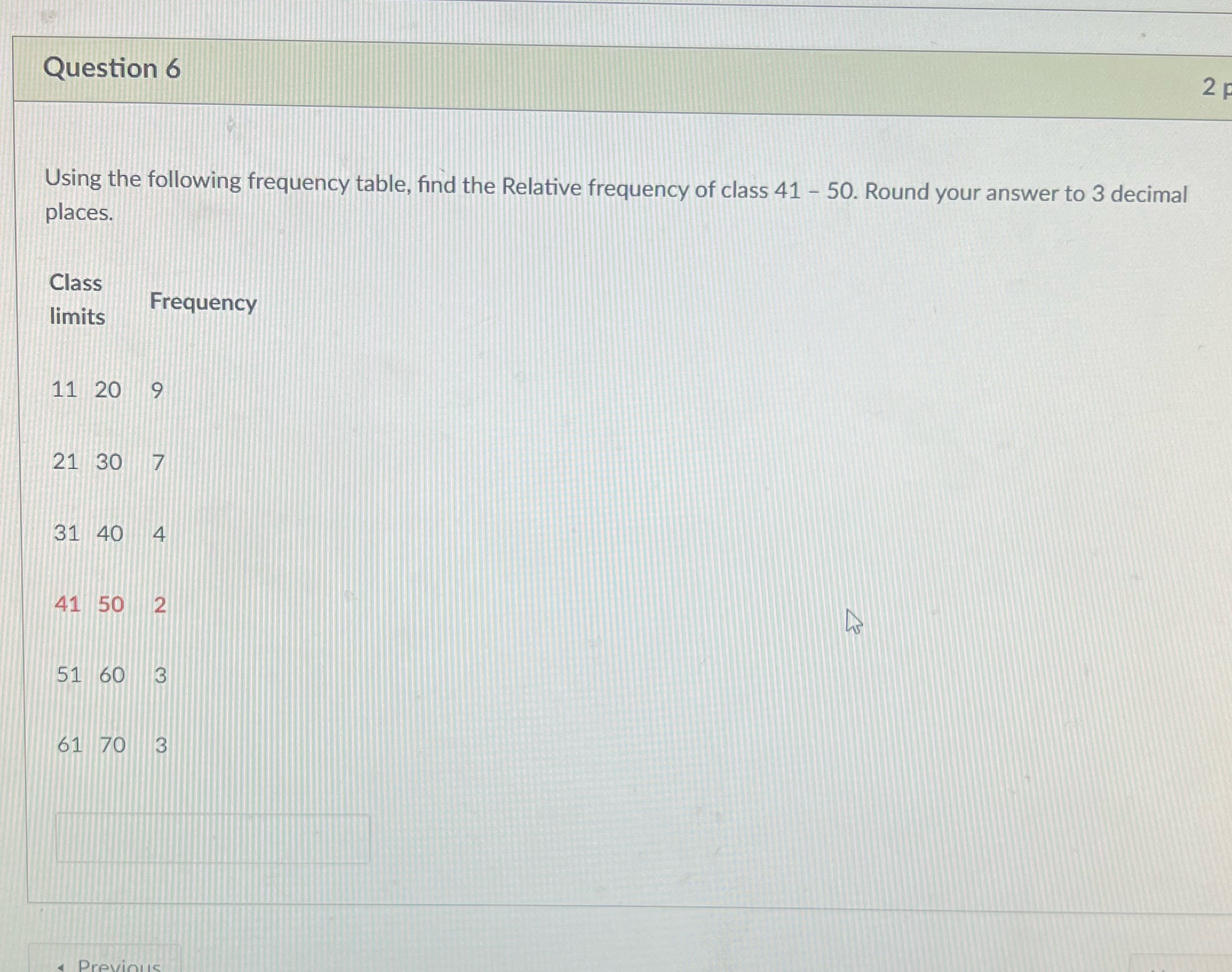 the Relative frequency of class 41 - 50. Round your answer to