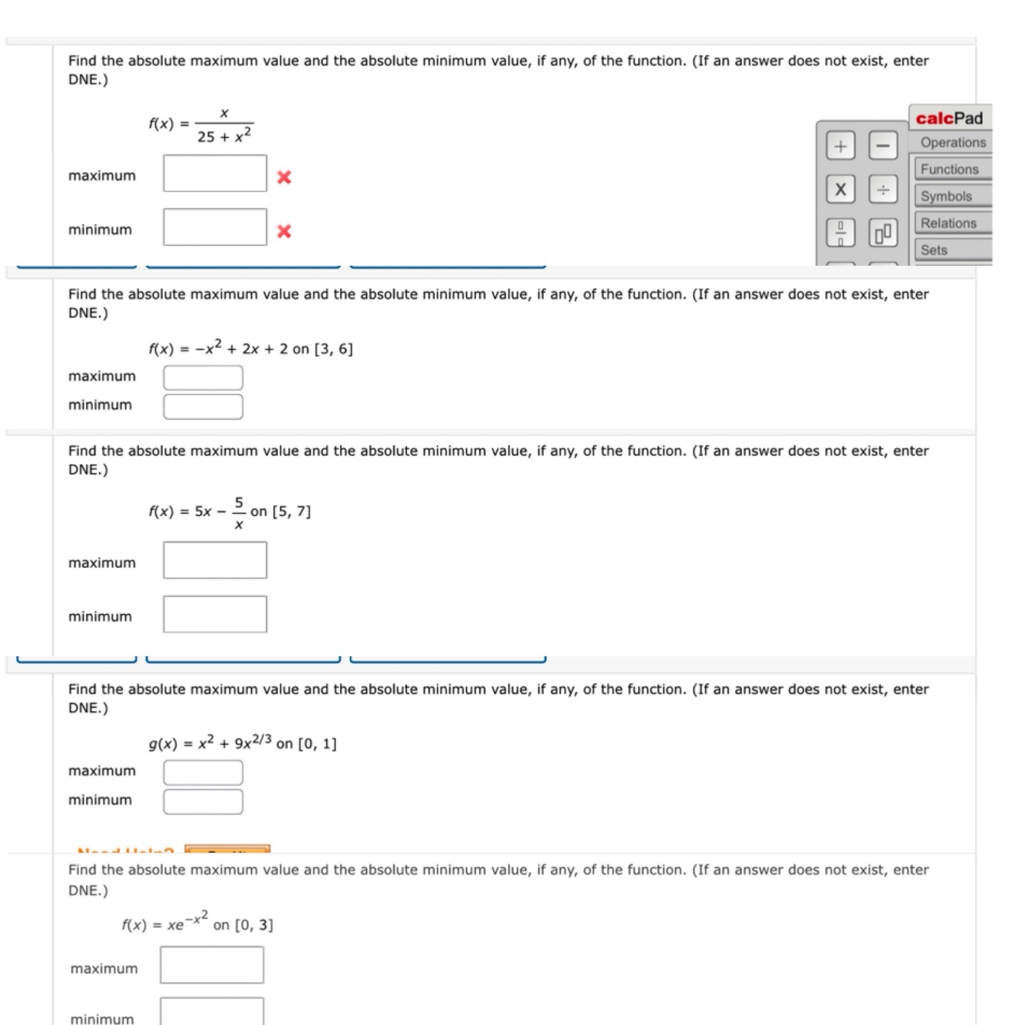 any, of the function. (If an answer does not exist, enter DNE.)