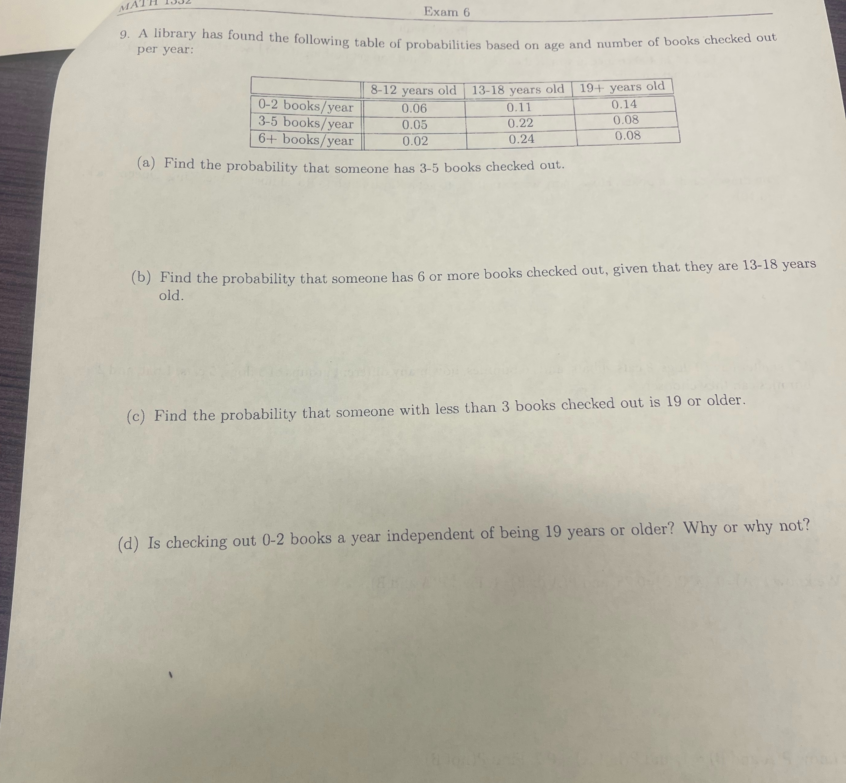 MATH Exam 6 per year: 9. A library has found the