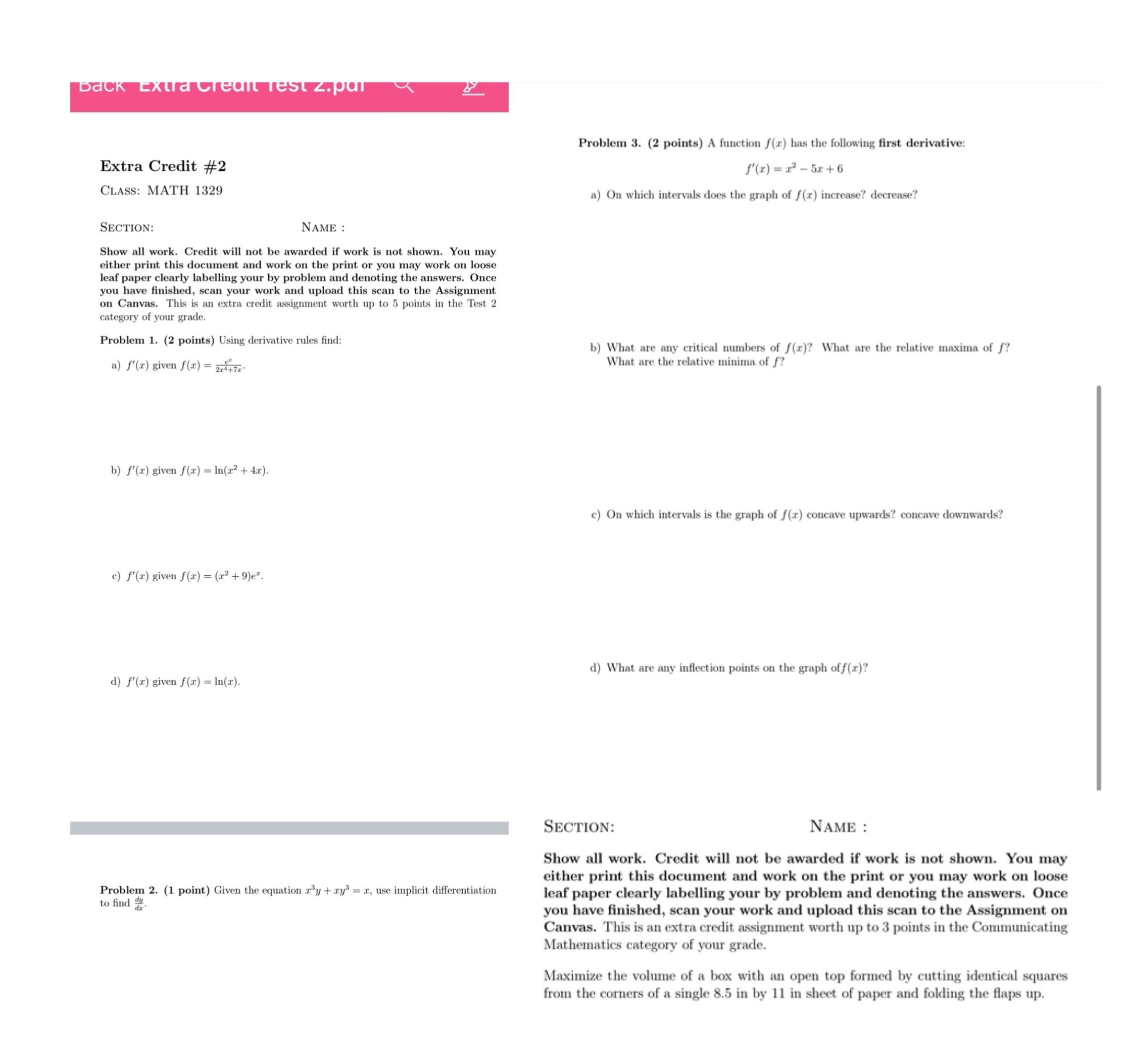  Back Extra Credit Test z. pat Problem 3. (2 points) A